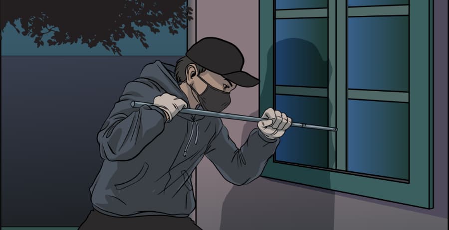Illustration of burglar forcing entry through a window in Las Cruces